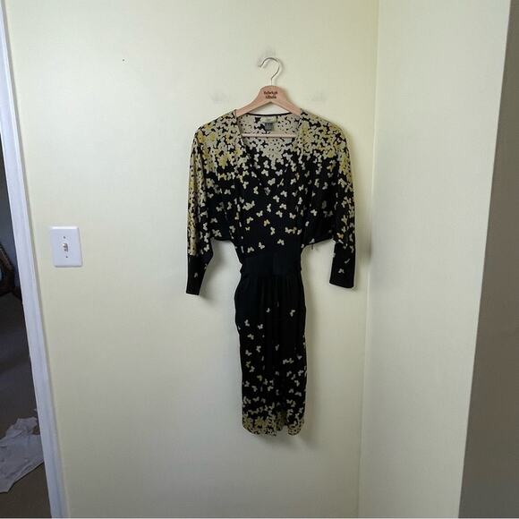 Issa London Black & Yellow Butterflies Cinch Waist Belted Dress SZ 4 - Picture 2 of 11